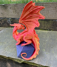 Load image into Gallery viewer, Dice Perching Dragon 3D printed sculpture (Purple/Red)