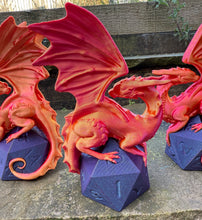 Load image into Gallery viewer, Dice Perching Dragon 3D printed sculpture (Purple/Red)