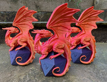 Load image into Gallery viewer, Dice Perching Dragon 3D printed sculpture (Purple/Red)