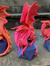 Load image into Gallery viewer, Dice Perching Dragon 3D printed sculpture (Purple/Red)