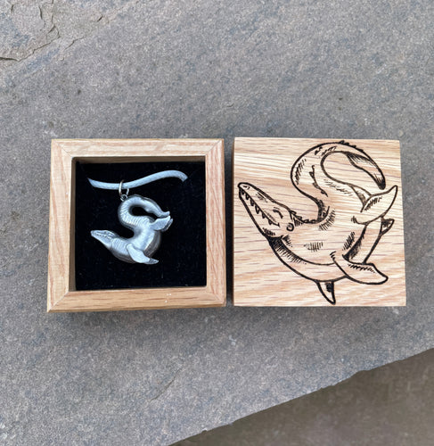 Pewter Mosasaur and Wooden Box