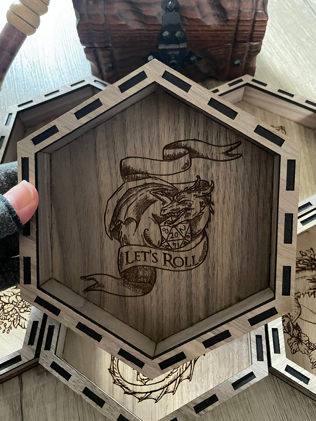 Let's Roll Dragon Engraved Wooden Dice/Trinket dish